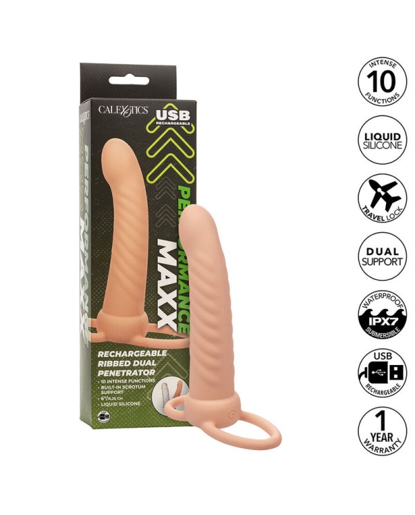 CALEXOTICS - MAXX DOUBLE PÉNÉTRATEUR NERVURÉ 10 VIBRATIONS FLESH