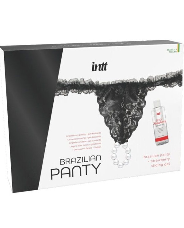 INTT RELEASES - CULOTTE BRÉSILIENNE NOIRE AVEC PERLES ET GEL LUBRIFIANT 50 ML