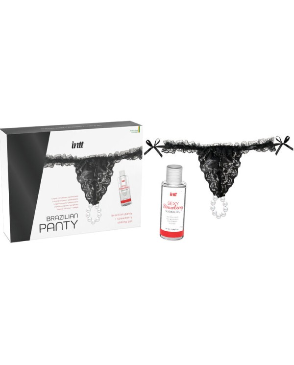 INTT RELEASES - CULOTTE BRÉSILIENNE NOIRE AVEC PERLES ET GEL LUBRIFIANT 50 ML