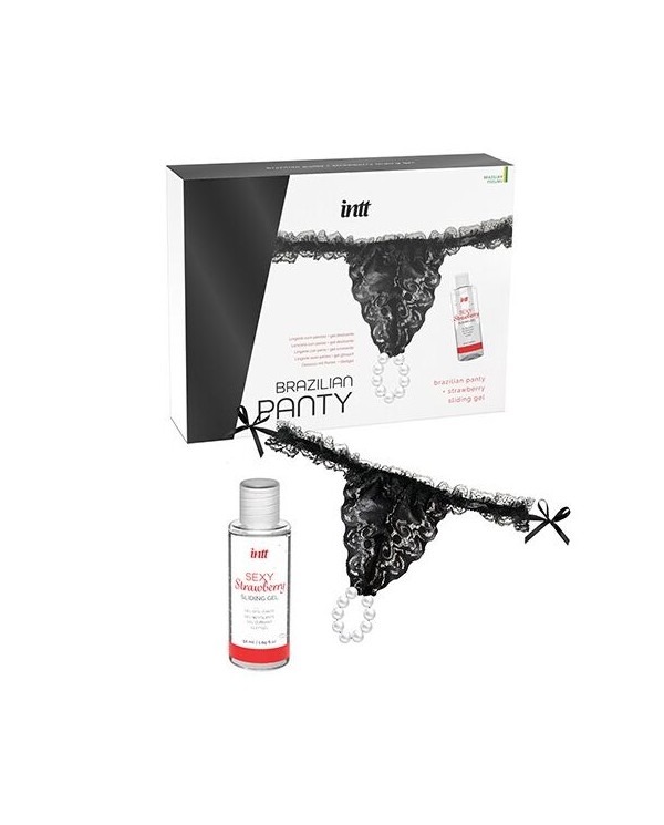 INTT RELEASES - CULOTTE BRÉSILIENNE NOIRE AVEC PERLES ET GEL LUBRIFIANT 50 ML